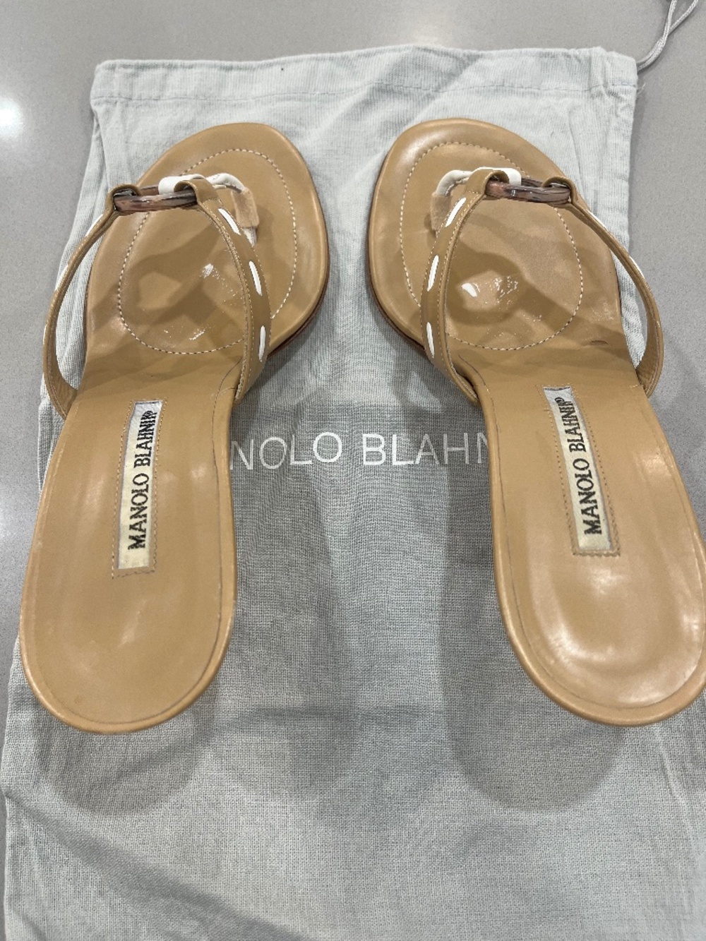 Manolo Blahnik Beige Kitten-Heel Sandals with White Accent.